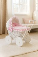 Wiklinowy wózek dla lalek pchacz biały z różową pościelką i miękką wyściółką CHIARA
