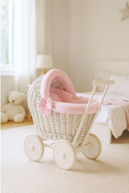 Wiklinowy wózek dla lalek pchacz biały z różową pościelką i miękką wyściółką STELLA