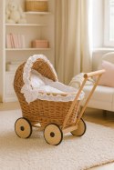 Wiklinowy wózek dla lalek pchacz z białą pościelką i miękką wyściółką- naturalny