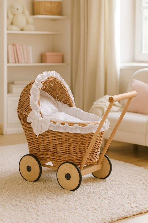 Wiklinowy wózek dla lalek pchacz z białą pościelką i miękką wyściółką- naturalny
