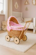 Wiklinowy wózek dla lalek pchacz z różową pościelką i miękką wyściółką- naturalny