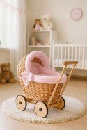 Wiklinowy wózek dla lalek pchacz z różową pościelką i miękką wyściółką- naturalny