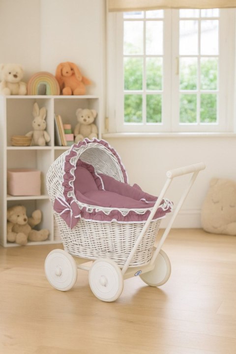 Wiklinowy wózek dla lalek pchacz biały z pościelką róż retro i miękką wyściółką CHIARA