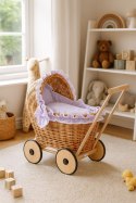 Wiklinowy wózek dla lalek pchacz z fioletową pościelką i miękką wyściółką CHIARA - naturalny