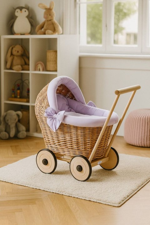 Wiklinowy wózek dla lalek pchacz z fioletową pościelką i miękką wyściółką STELLA - naturalny