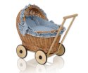 Wiklinowy wózek dla lalek pchacz z pościelką brudny niebieski i miękką wyściółką CHIARA - naturalny
