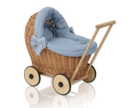 Wiklinowy wózek dla lalek pchacz z pościelką brudny niebieski i miękką wyściółką STELLA - naturalny