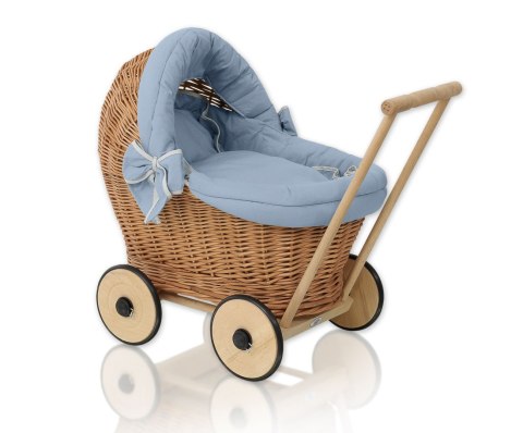 Wiklinowy wózek dla lalek pchacz z pościelką brudny niebieski i miękką wyściółką STELLA - naturalny