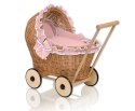 Wiklinowy wózek dla lalek pchacz z pościelką brudny róż i miękką wyściółką CHIARA - naturalny
