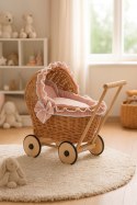 Wiklinowy wózek dla lalek pchacz z pościelką brudny róż i miękką wyściółką CHIARA - naturalny