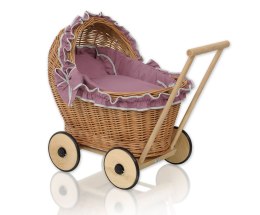 Wiklinowy wózek dla lalek pchacz z pościelką róż retro i miękką wyściółką CHIARA - naturalny